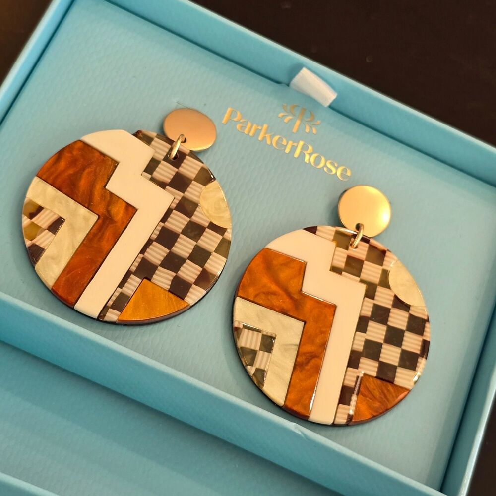 ParkerRose earrings-inlay natural tones and gold, circle/disc shape